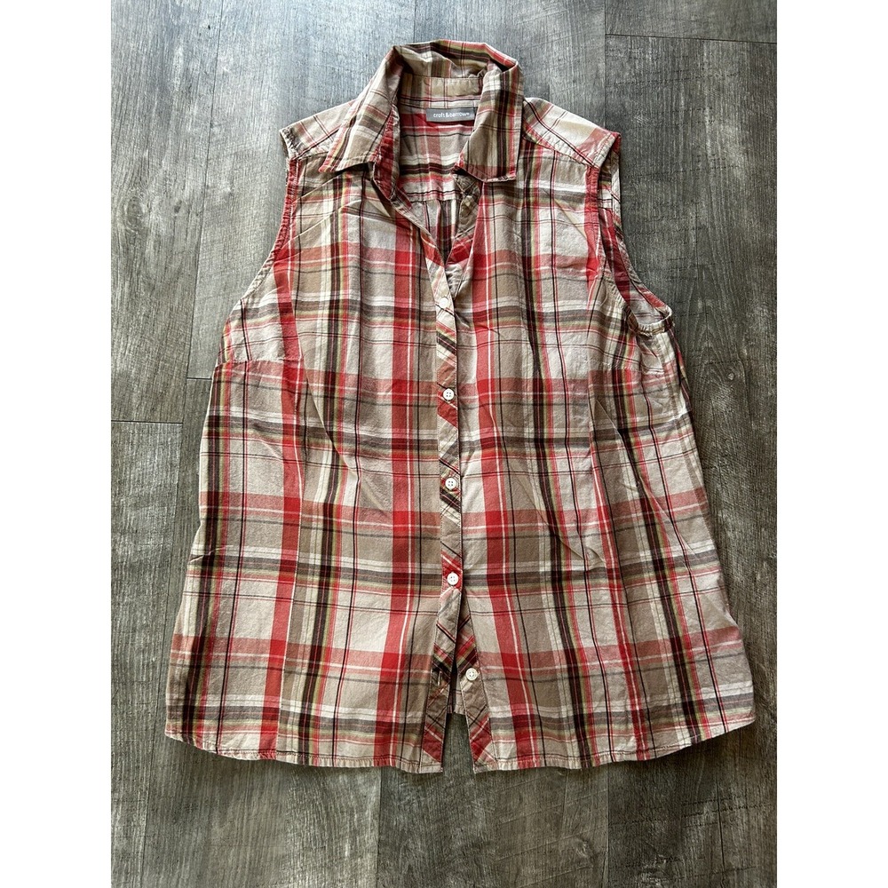 Croft Barrow Womens Sleeveless Button Top‎ Shirt Large Red Brown Plaid Medium M